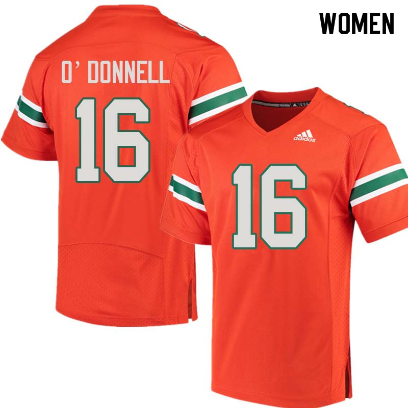 Women Miami Hurricanes #16 Pat O'Donnell College Football Jerseys Sale-Orange - Click Image to Close
